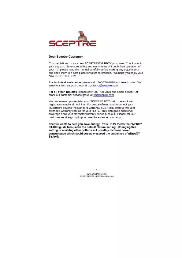 www.SCEPTRE.com SCEPTRE E32 HDTV User Manual SAFETY INSTRUCTIONS 
...