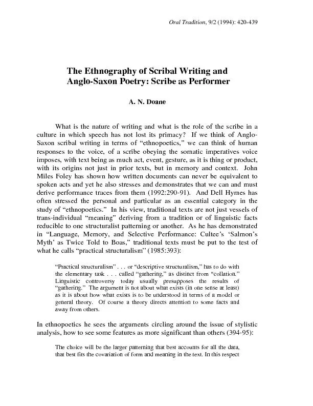 Oral Tradition, 9/2 (1994): 420-439 The Ethnography of Scribal Writing