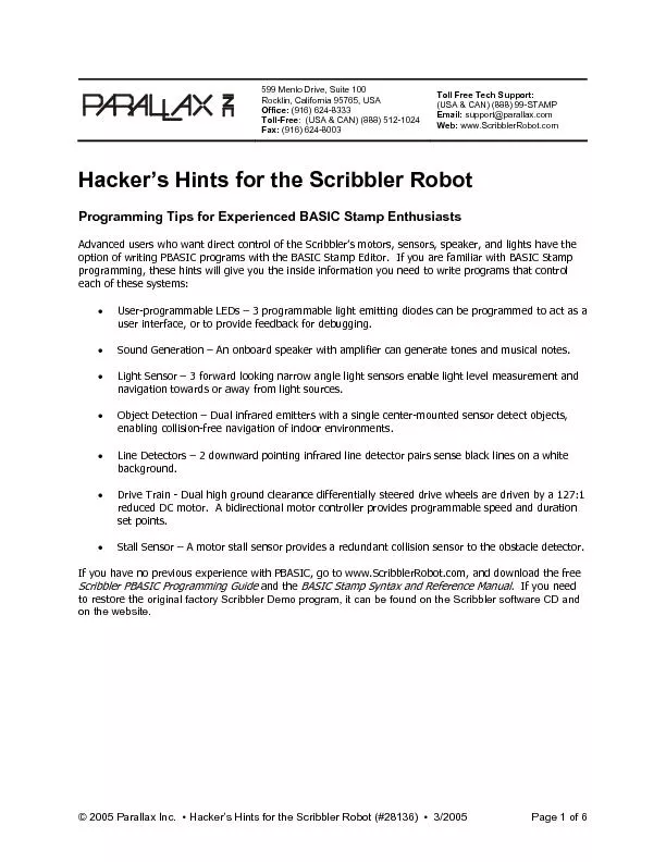 2005 parallax inc hacker s hints for the scribbler rob