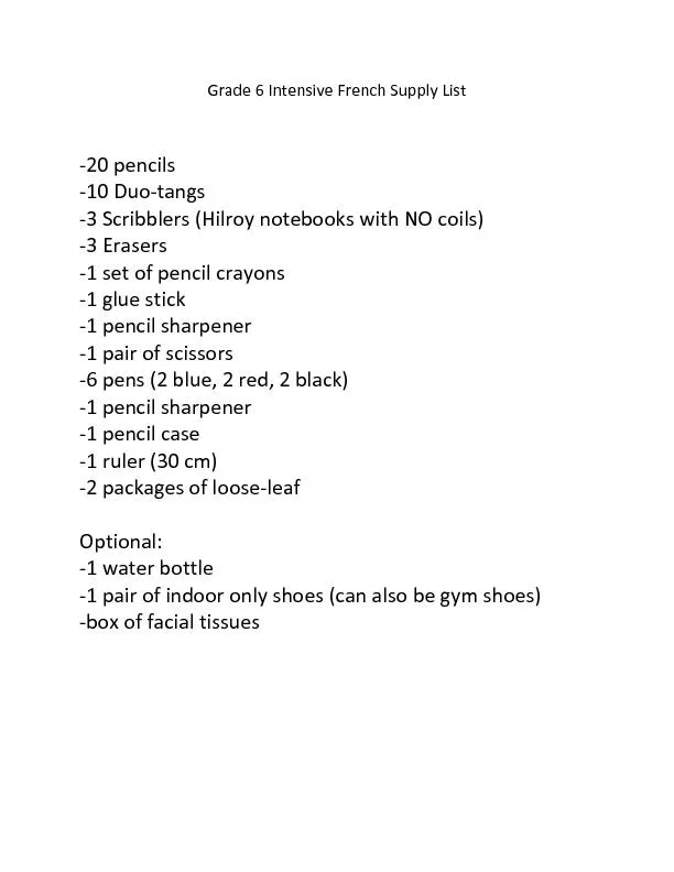 Intensive French Supply List