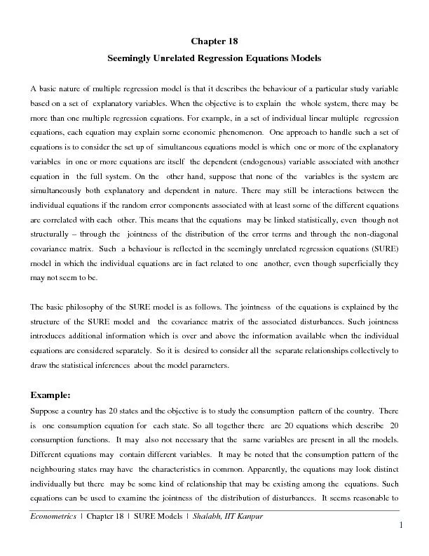 Econometrics |  Chapter 18  |  SURE Models  |  Shalabh, IIT Kanpur