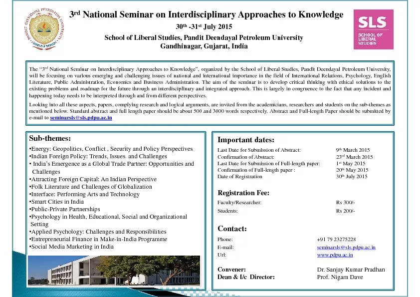 rdNational Seminar on Interdisciplinary Approaches to Knowledge30th-31