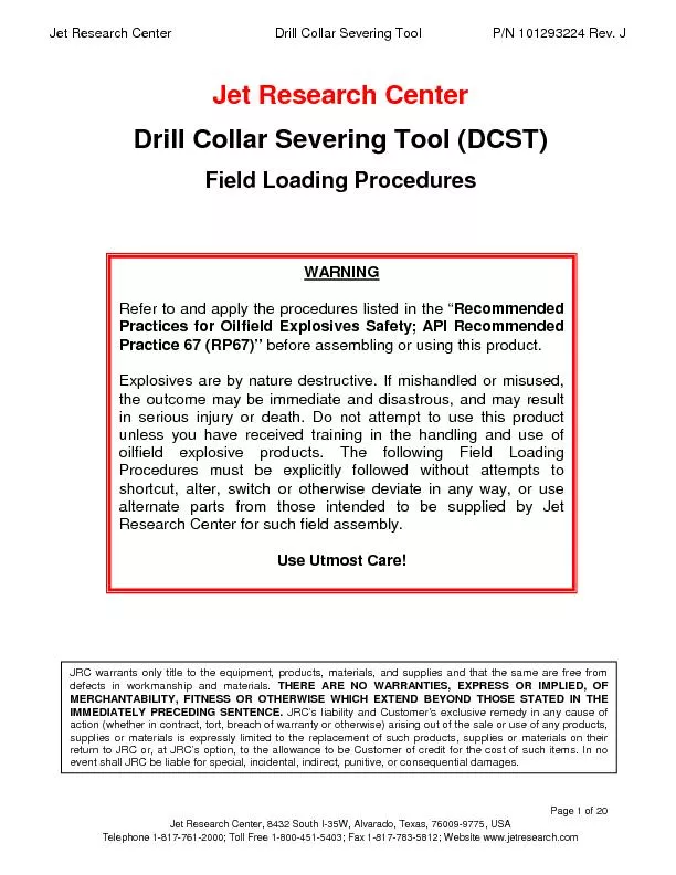 Jet Research CenterDrill Collar Severing ToolP/N 101293224 Rev. 
...