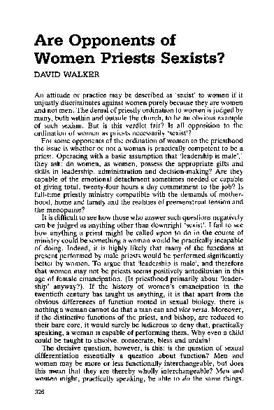 Are Opponents of Women Priests Sexists? DAVID WALKER An attitude or pr