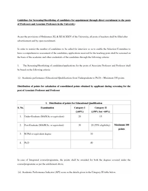 Guidelines for Screening/Shortlisting of candidates for appointment th