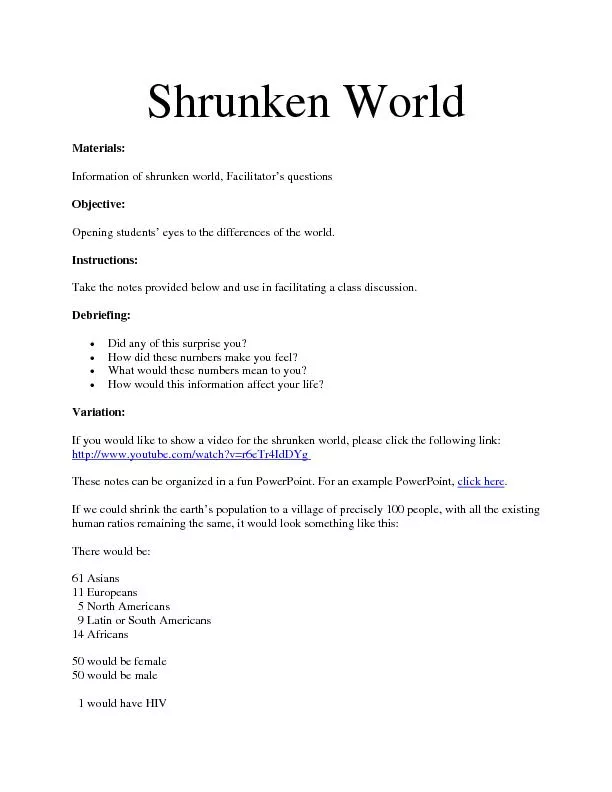 Materials:Information of shrunken worlObjective:Opening students’