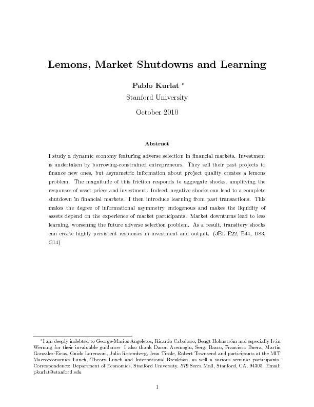 Lemons,MarketShutdownsandLearningPabloKurlatStanfordUniversityOctober