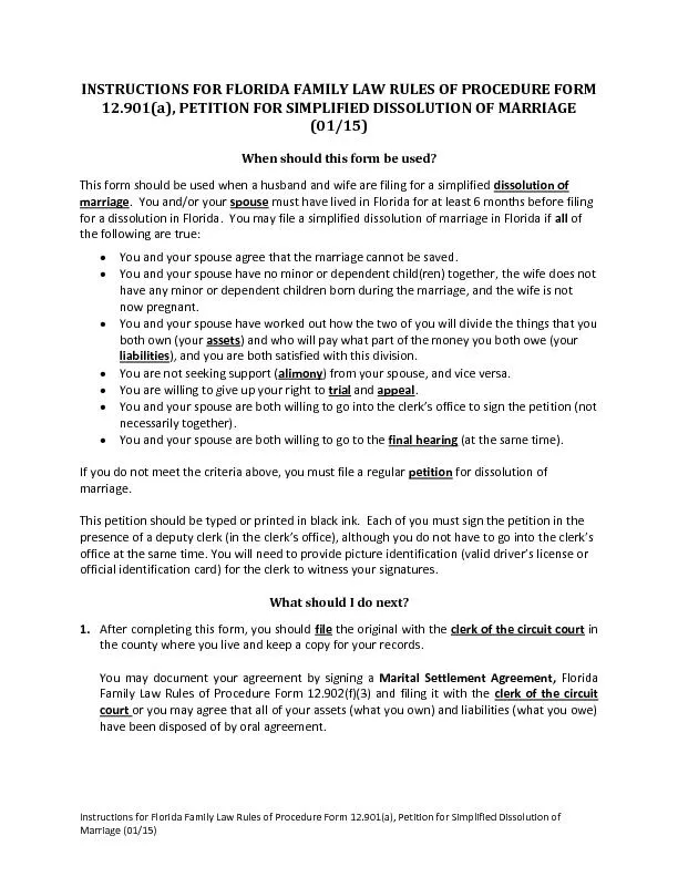 Instructions for Florida Family Law Rules of Procedure Form 12.901(a),