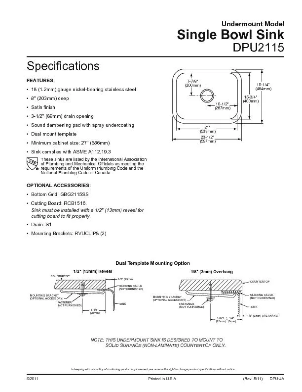 Undermount ModelSingle Bowl SinkDPU2115FEATURES:18 (1.2mm) gauge nicke