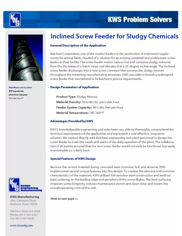 Inclined Screw Feeder for Sludgy ChemicalsKWS Manufacturing3041 Convey