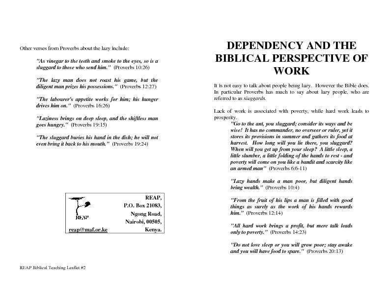 REAP Biblical Teaching Leaflet #2 Other verses from Proverbs about the