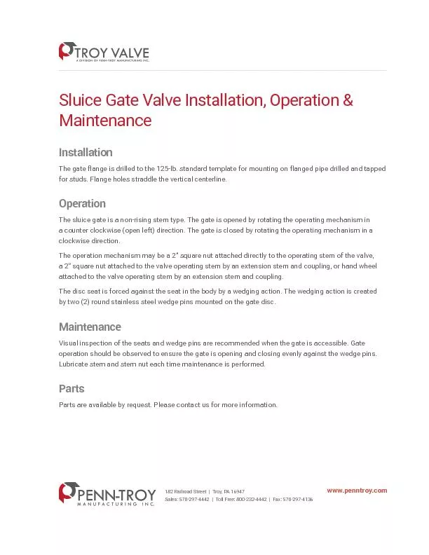 Sluice GateValve Installation, Operation & Maintenan