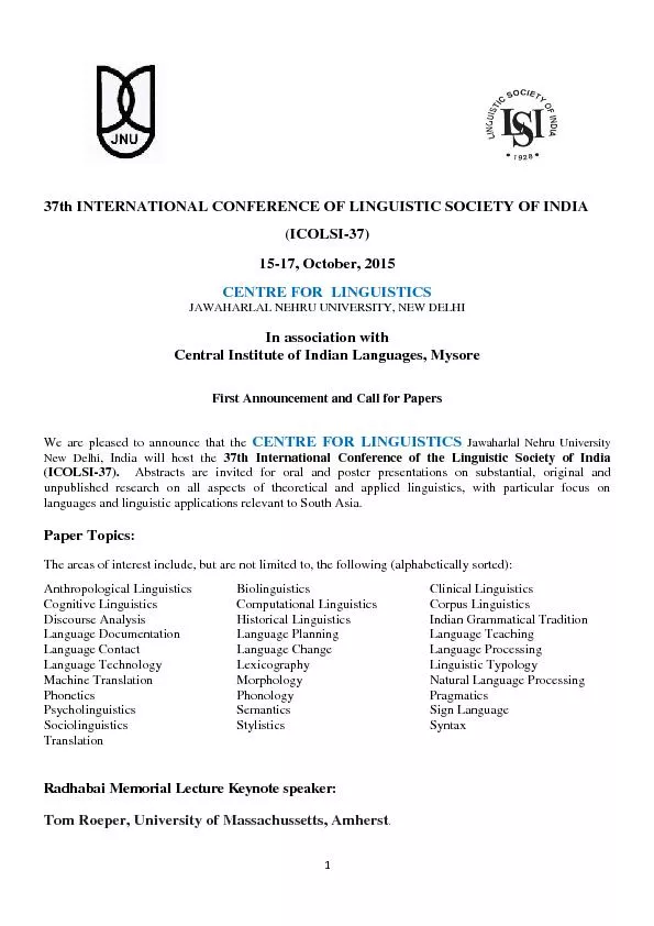 INTERNATIONAL CONFERENCE OF LINGUISTIC SOCIETY OF INDIA