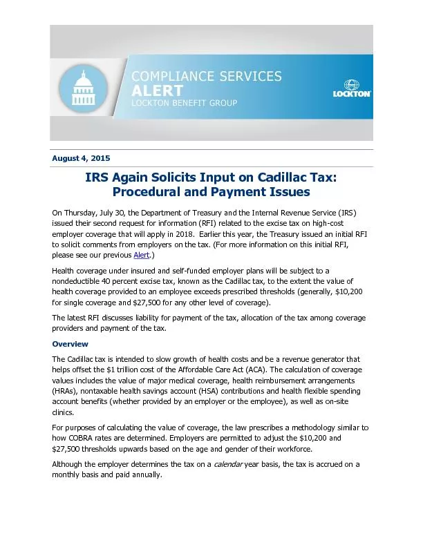 IRS Again Solicits Input on Cadillac Tax: