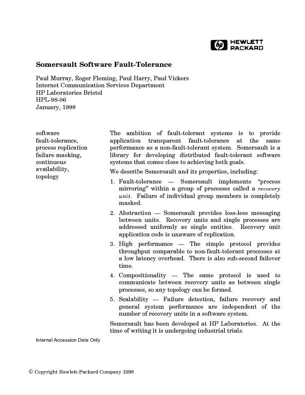 Somersault Software Fault-TolerancePaul Murray, Roger Fleming, Paul Ha