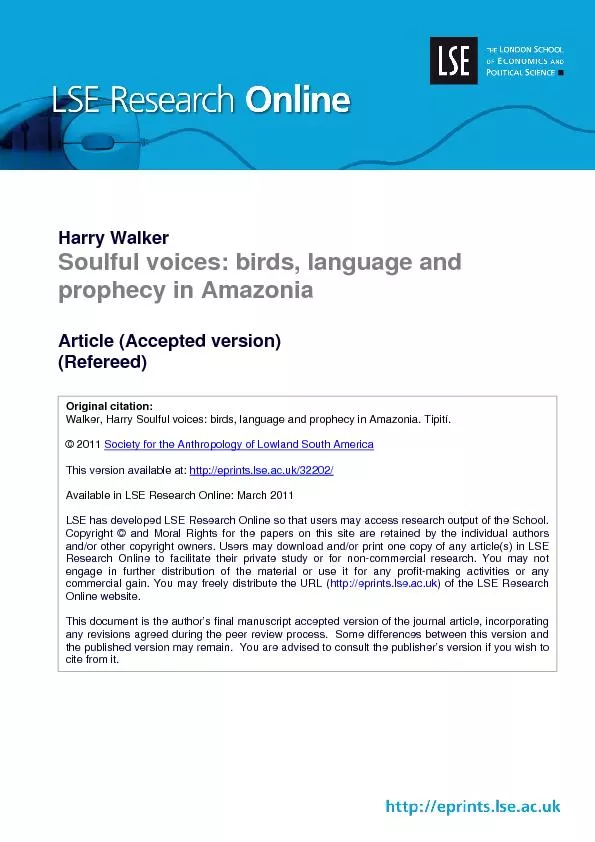 Harry Walker Soulful voices: birds, language and prophecy in Amazonia