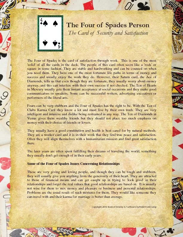 The Four of Spades PersonThe Card of Security and SatisfactionCopyrigh
