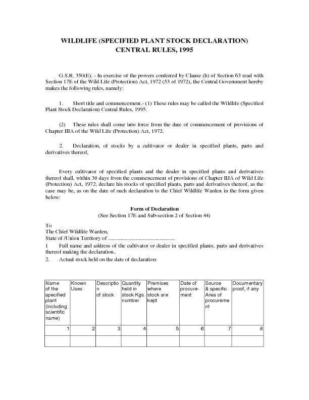 WILDLIFE (SPECIFIED PLANT STOCK DECLARATION)CENTRAL RULES, 1995G.S.R.