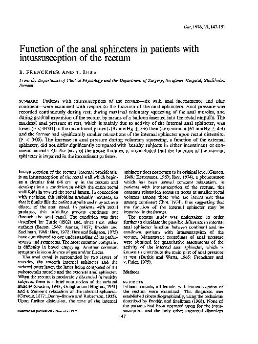 Gut,1976,17,147-151Functionoftheanalsphinctersinpatientswithintussusce