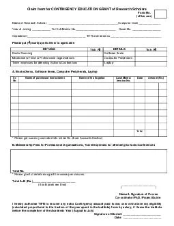 Claim form for CONTINGENCY EDU CATION GRANT of Research Scholars Form No