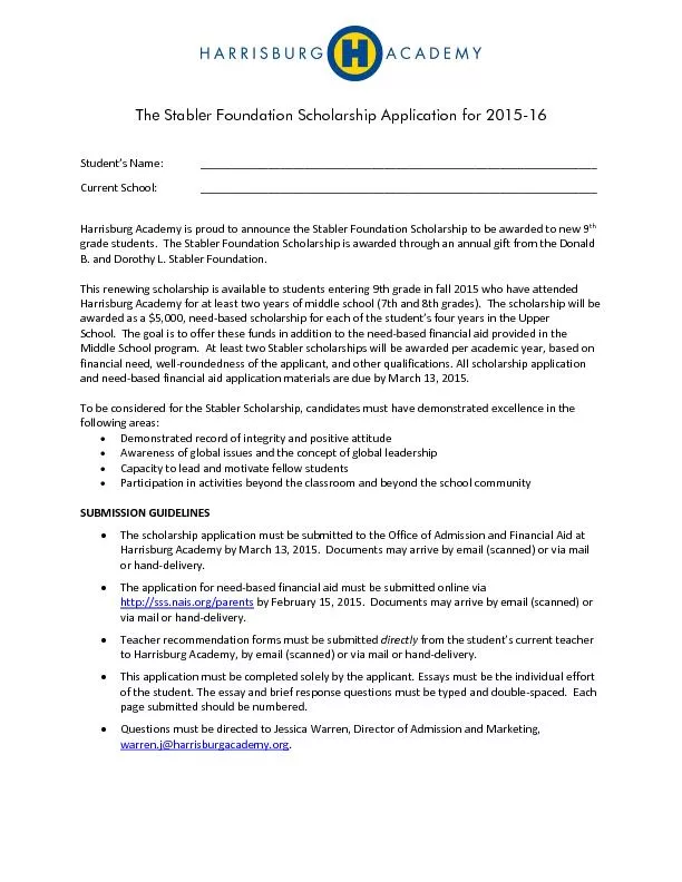 The Stabler Foundation Scholarship Application