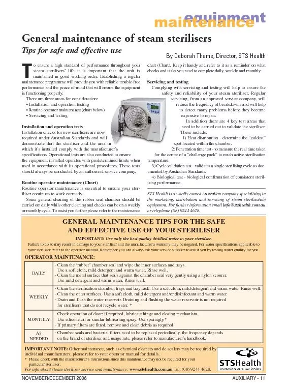 General maintenance of steam sterilisers Tips for safe and effective u