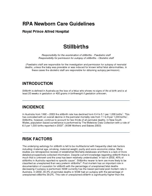 RPA Newborn Care Guidelines Royal Prince Alfred Hospital Stillbirths R