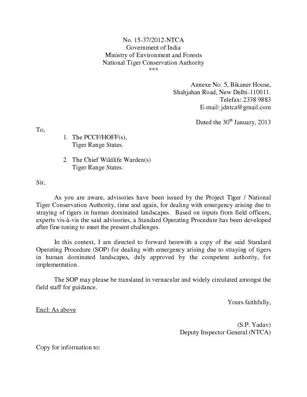 No. 15-37/2012-NTCA Government of India Ministry of Environment and Fo