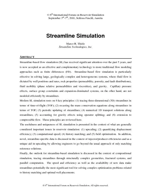 Streamline Simulation International Forum on Reservoir SimulationMarco