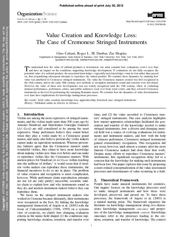 Cattani,Dunbar,andShapira:ValueCreation,KnowledgeLoss:TheCaseofCremone