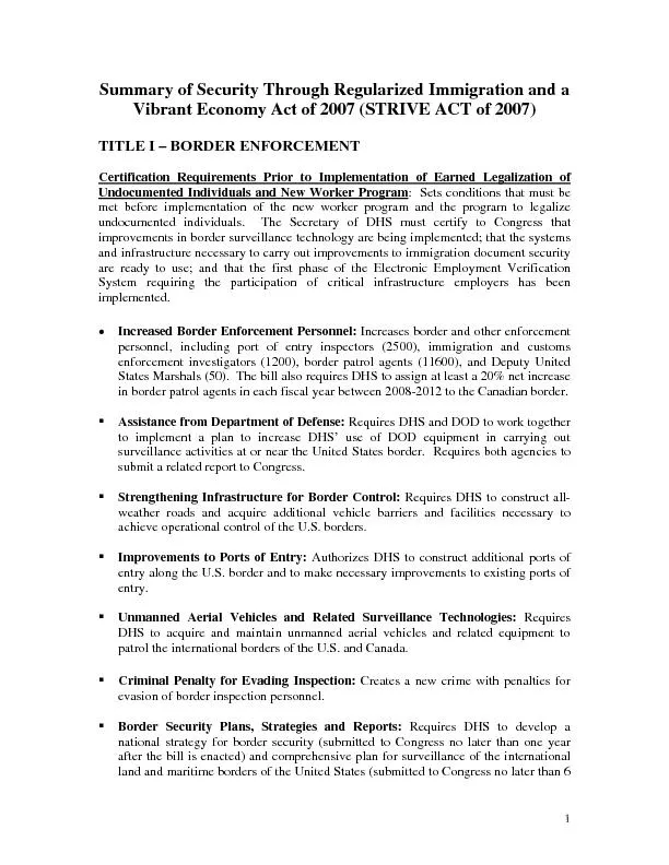 Summary of Security Through Vibrant Economy Act of 2007 (STRIVE ACT of