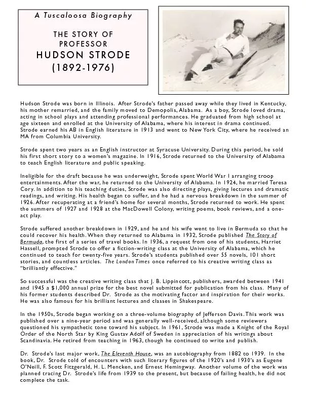 A Tuscaloosa BiographyTHE STORY OF PROFESSORHUDSON STRODE(1892-1976)Hu