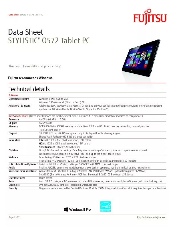 PageData SheetSTYLISTIC Q572 Tablet PCThe best of mobility and product