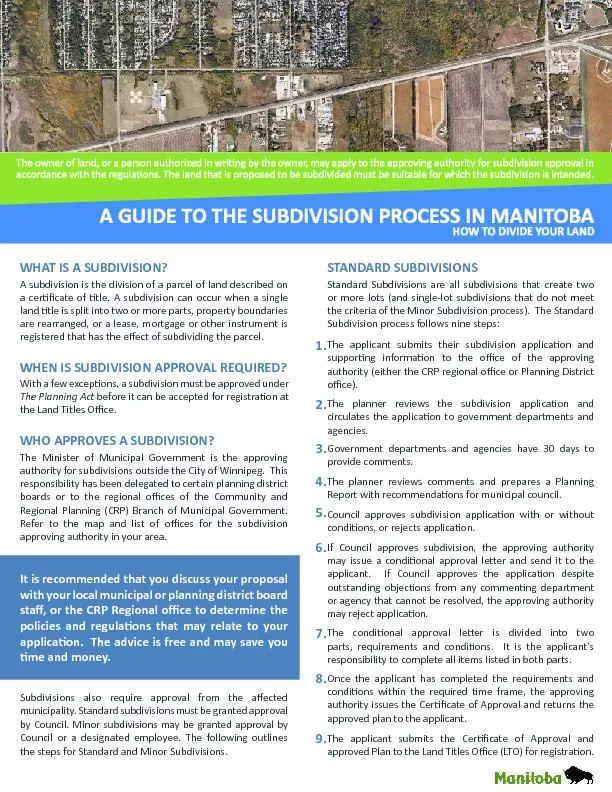 A GUIDE TO THE SUBDIVISION PROCESS IN MANITOBA