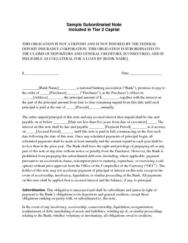 Sample Subordinated NoteIncluded in Tier 2 CapitalTHIS OBLIGATION IS N