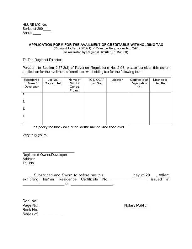 Series of 200____ Annex ____ APPLICATION FORM FOR THE AVAILMENT OF CRE