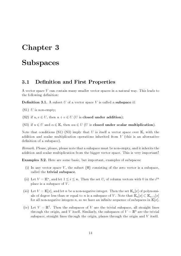 Chapter3Subspaces3.1DenitionandFirstPropertiesAvectorspaceVcancontain