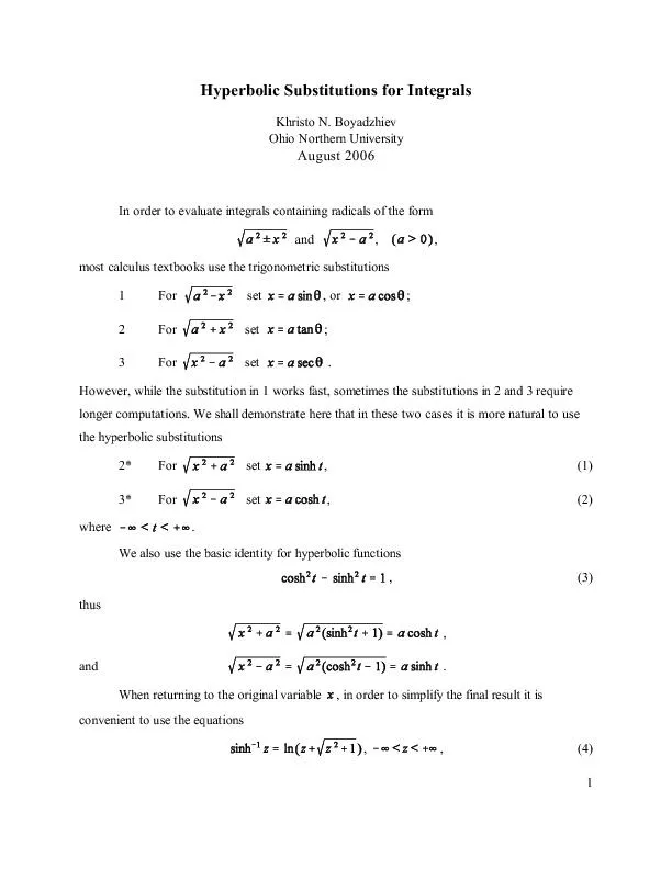 Hyperbolic Substitutions for Integrals
