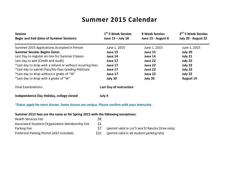 Summer 2015 Calendar