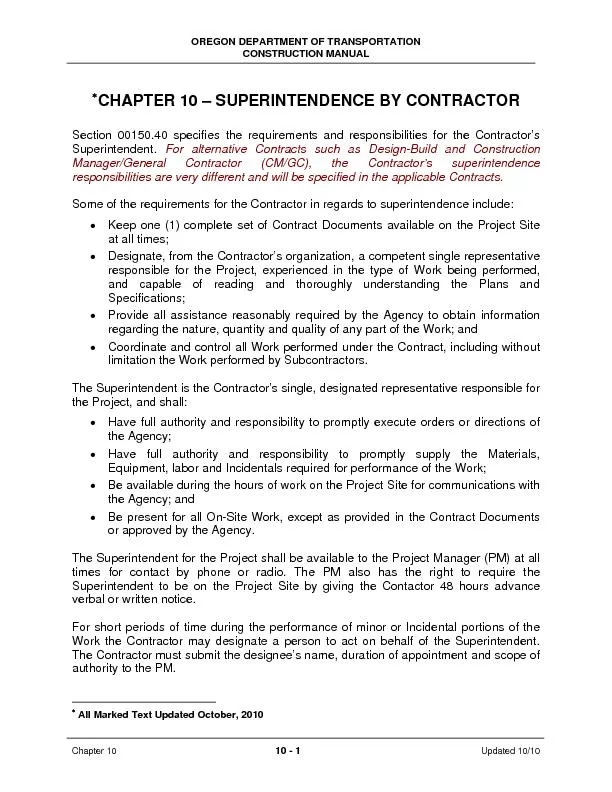 OREGON DEPARTMENT OF TRANSPORTATION CONSTRUCTION MANUAL Chapter 10  Up