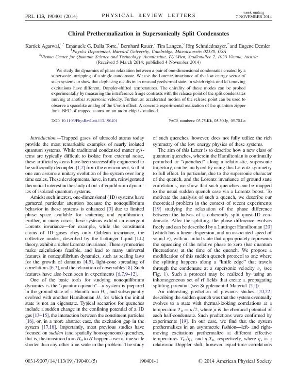 ChiralPrethermalizationinSupersonicallySplitCondensatesKartiekAgarwal,