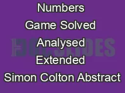 Countdown Numbers Game Solved Analysed Extended Simon Colton Abstract