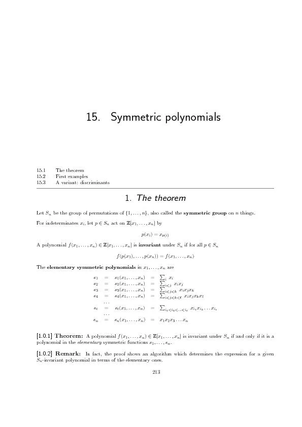 214SymmetricpolynomialsProof:Letf(x1;:::;xn)beSn-invariant.Letq:Z[x1;:
