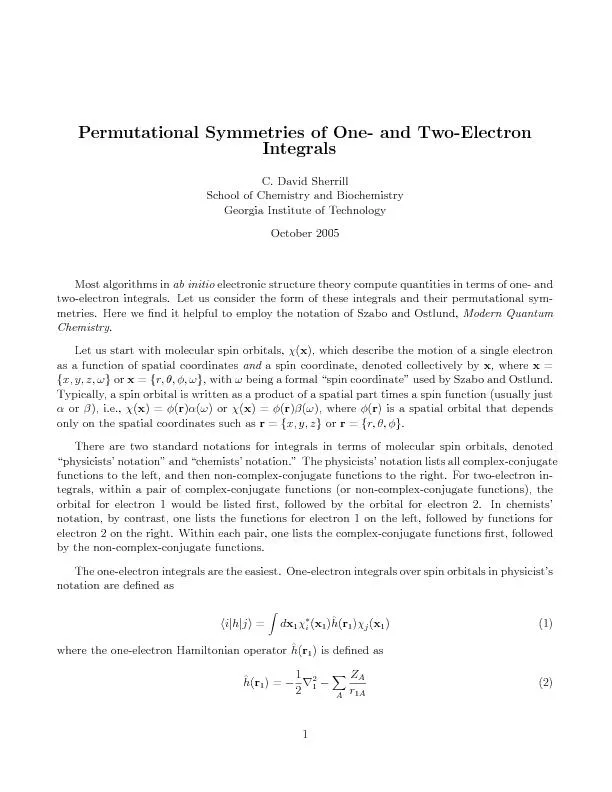 PermutationalSymmetriesofOne-andTwo-ElectronIntegralsC.DavidSherrillSc