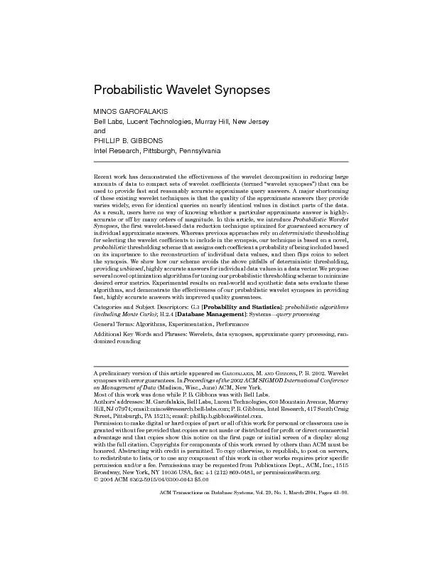ProbabilisticWaveletSynopsesMINOSGAROFALAKISBellLabs,LucentTechnologie