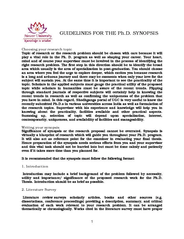 GUIDELINES FOR THE Ph.D. SYNOPSIS