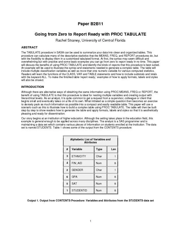 1 Paper B2B11 Going from Zero to Report Ready with PROC TABULATE Rache