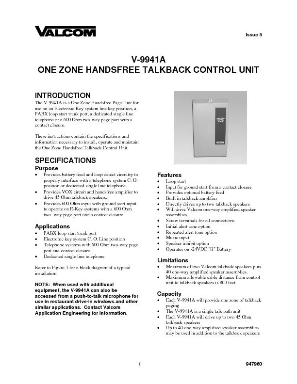 V-9941A  ONE ZONE HANDSFREE TALKBACK CONTROL UNITuse on an Electronic