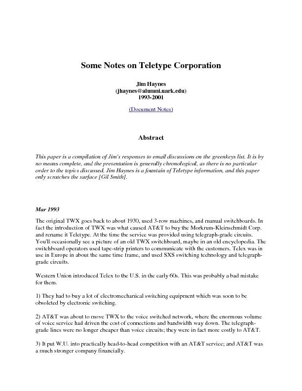 Some Notes on Teletype CorporationJim Haynes(jhaynes@alumni.uark.edu)(