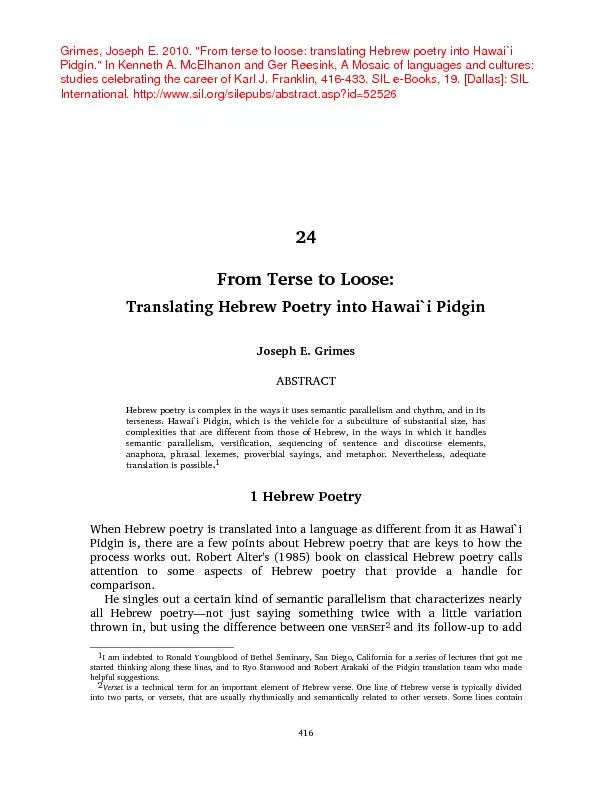 416 24 From Terse to Loose: Translating Hebrew Poetry into Hawai`i Pid